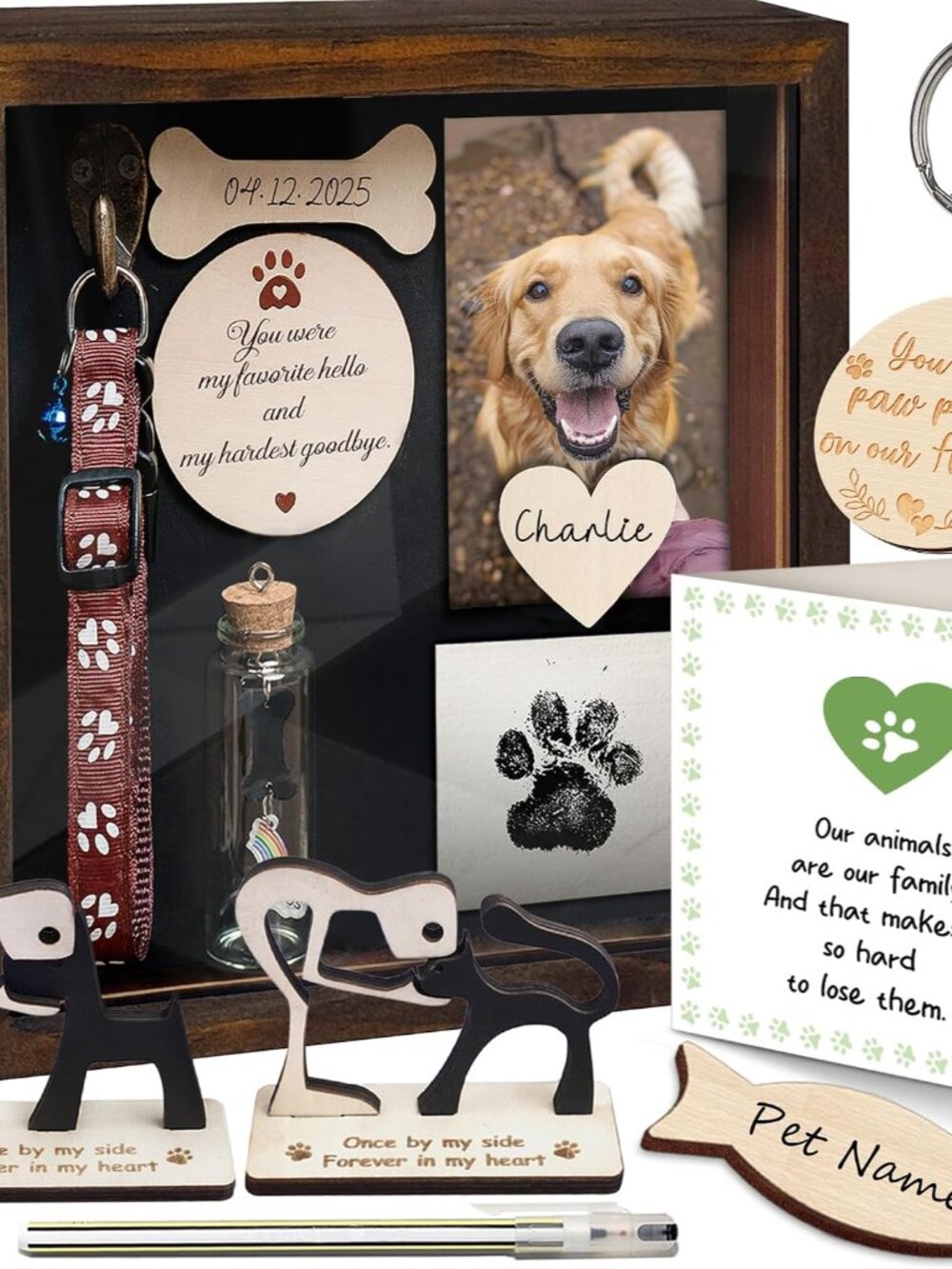 8.6'' Pet Memorial Shadow Box, Rustic Collar Holder Picture Frame, Paw Print Kit